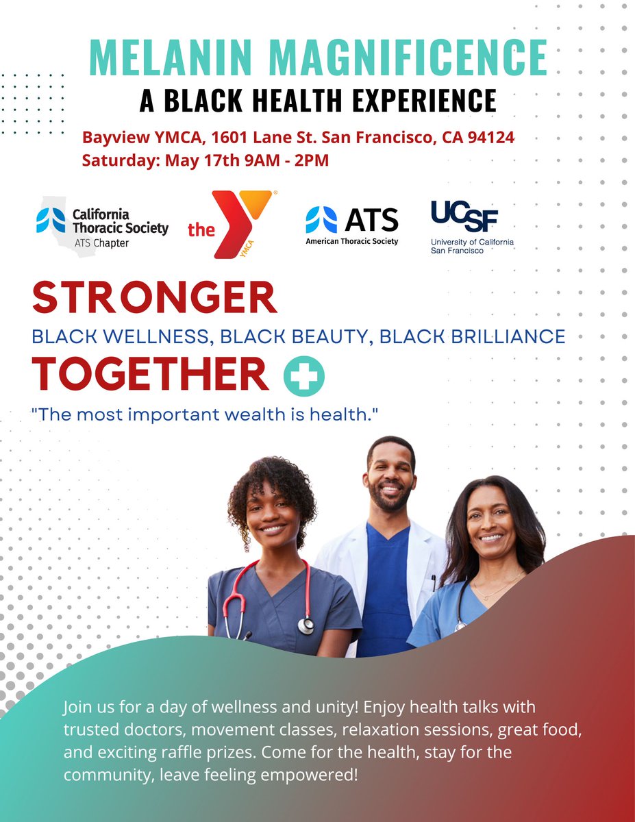 American Thoracic Society (ATS) (@atscommunity) on Twitter photo The ATS and the <a href="/CalThoracic/">California Thoracic Society</a> are joining forces with the <a href="/BayviewYMCA/">Bayview YMCA</a>’s African American Holistic Wellness program to host a free health fair for the San Francisco community on 5/17, 9 a.m. - 2 p.m. at the Bayview Hunters Point YMCA. The fair is designed to break down health care The ATS and the <a href="/CalThoracic/">California Thoracic Society</a> are joining forces with the <a href="/BayviewYMCA/">Bayview YMCA</a>’s African American Holistic Wellness program to host a free health fair for the San Francisco community on 5/17, 9 a.m. - 2 p.m. at the Bayview Hunters Point YMCA. The fair is designed to break down health care
