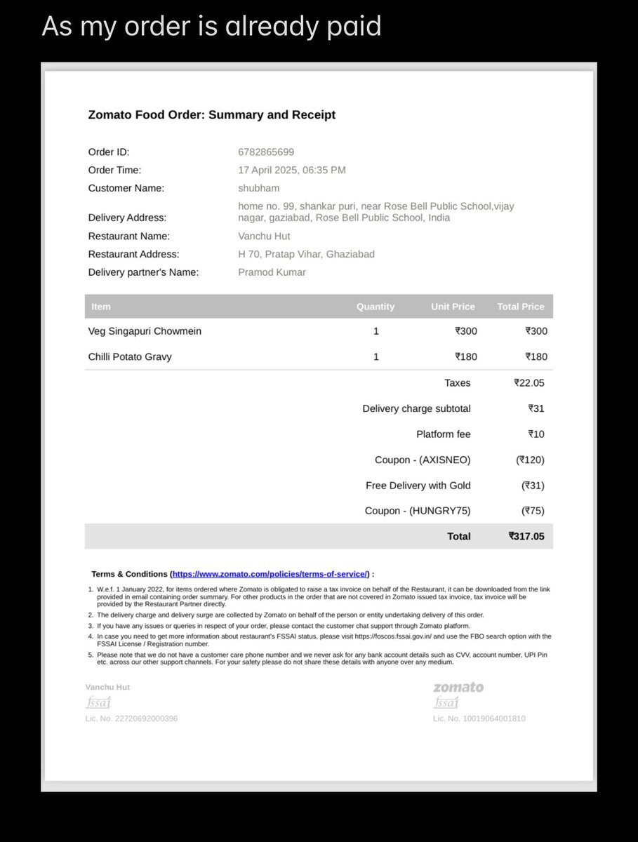 Defencestudent1's tweet photo. @zomato @zomatocare 
WORST EXPERIENCE EVERordered food in zomato and it’s shows delivered on the app but doesn’t reached to me.&amp; after calling the deliverey boy PRAMOD KUMAR (+91806955834) first he misguided me &amp; said( i have another order soo I’ll delivered in 15 mins) &amp; didnt https://t.co/MQneiwZim2