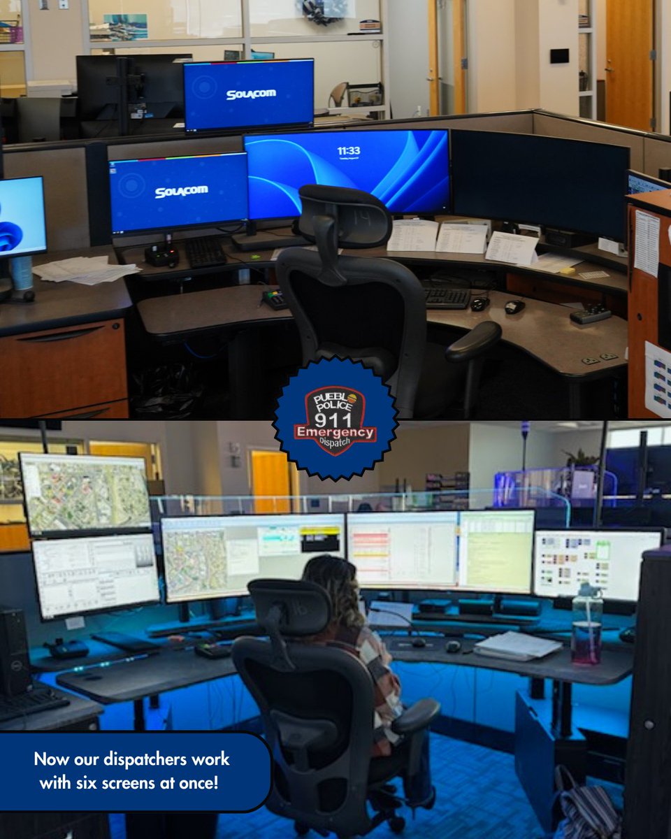 PuebloPolice1's tweet photo. In March 1937, Pueblo PD got its first radio system. By 2024, dispatchers now multitask with 6 screens! 🎉 One week isn’t enough to honor their hard work. Thank you, dispatchers! 💛💙 #EmergencyDispatch #FirstResponders #DispatchersWeek #ThankYouDispatchers https://t.co/Fbv3Cgr9qS