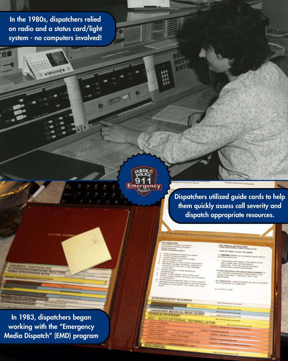 PuebloPolice1's tweet photo. In March 1937, Pueblo PD got its first radio system. By 2024, dispatchers now multitask with 6 screens! 🎉 One week isn’t enough to honor their hard work. Thank you, dispatchers! 💛💙 #EmergencyDispatch #FirstResponders #DispatchersWeek #ThankYouDispatchers https://t.co/Fbv3Cgr9qS