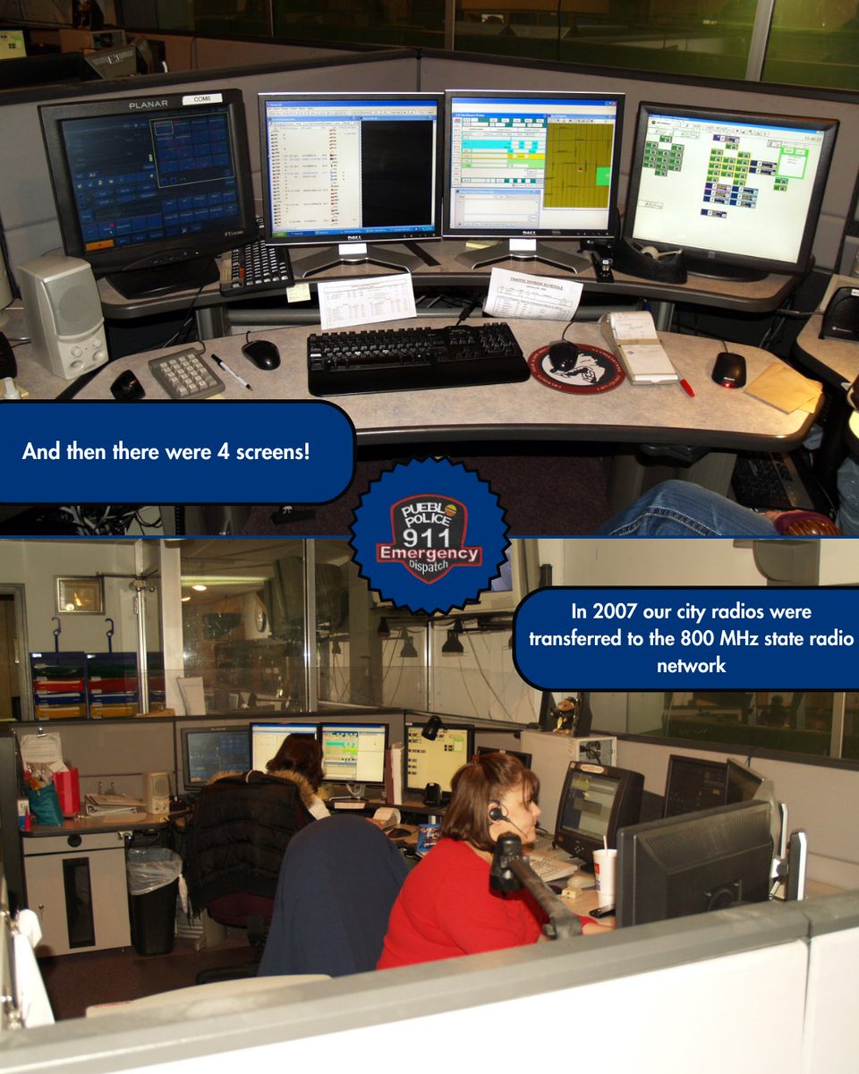 PuebloPolice1's tweet photo. In March 1937, Pueblo PD got its first radio system. By 2024, dispatchers now multitask with 6 screens! 🎉 One week isn’t enough to honor their hard work. Thank you, dispatchers! 💛💙 #EmergencyDispatch #FirstResponders #DispatchersWeek #ThankYouDispatchers https://t.co/Fbv3Cgr9qS