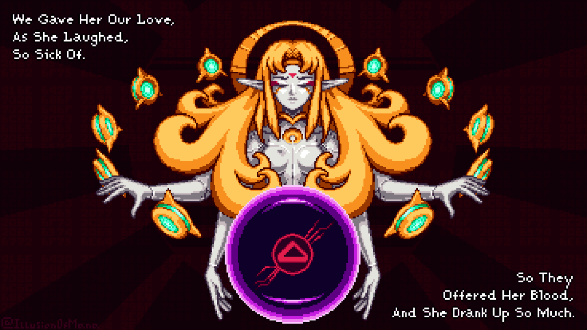 Another thought on my concept work.

"Oh I don't think this is the god I should be praying to. "
#pixelart #witchofarcadia