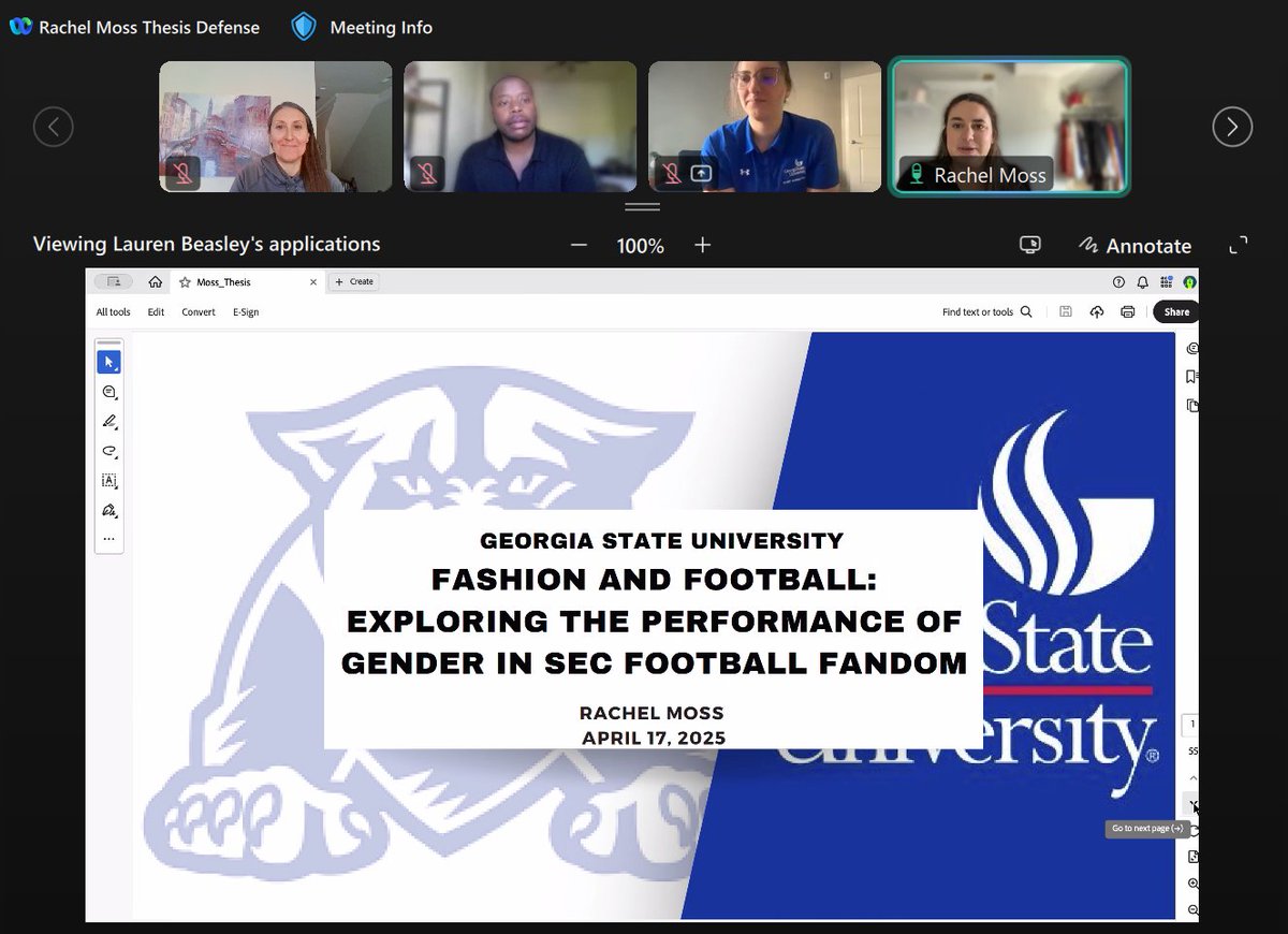 GSUSportAdmin's tweet photo. Congratulations are in order for Masters student Rachel Moss, who successfully defended her thesis entitled "Fashion and Football: Exploring the Performance of Gender in SEC Football Fandom" 🍾 #GSUSportAdmin https://t.co/Cz46waDFJU