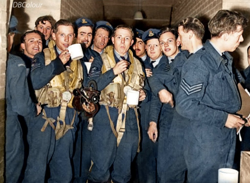 Lancaster crews after a 1000+ Bomber Daylight Raid over Dortmund, Germany, 1945.

Source: Colourised RAF Fighter &amp; Bomber Command 1939-1945