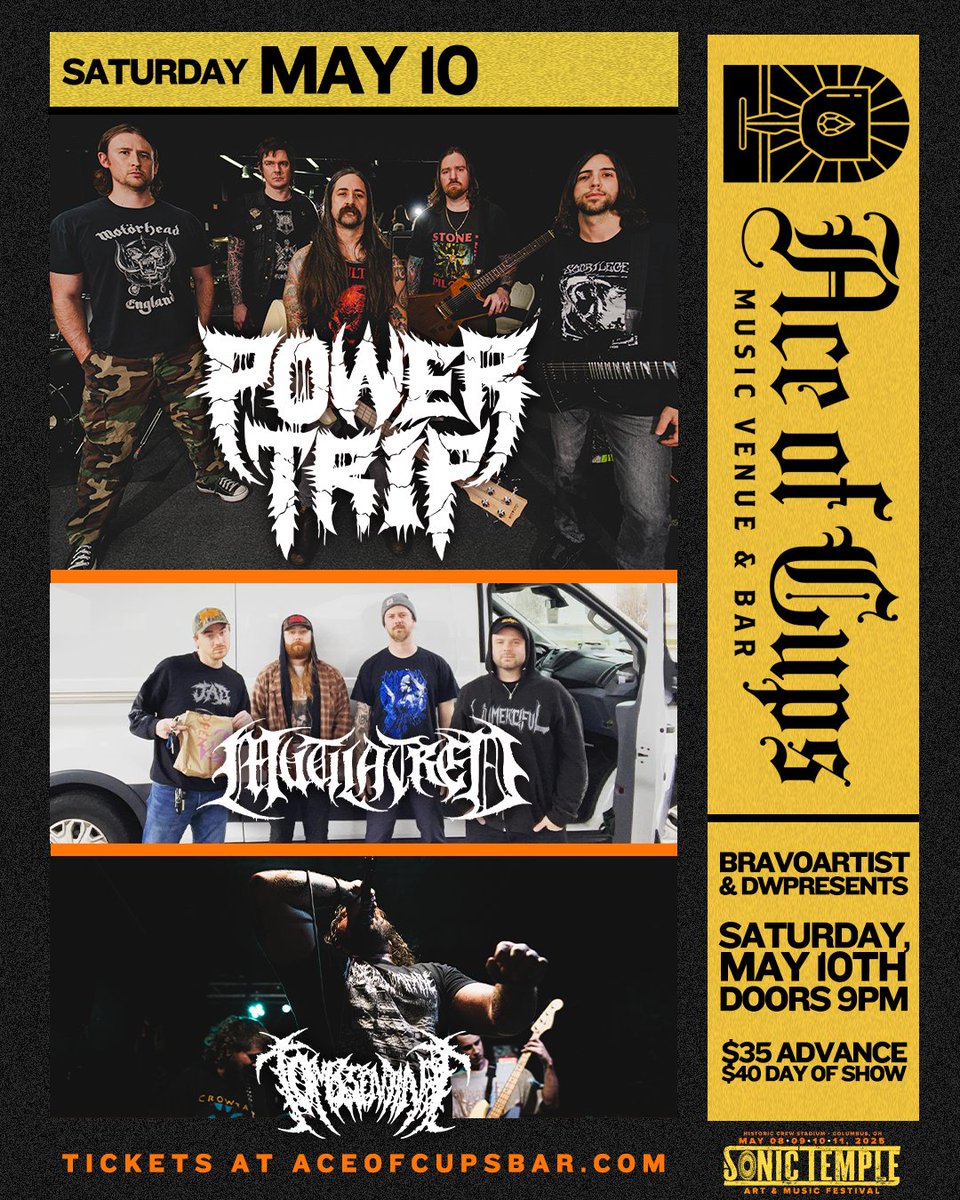 Sonic Temple Festival (@sonictemplefest) on Twitter photo JUST ANNOUNCED: The music doesn’t stop after the gates close. <a href="/BravoPresents/">BravoArtist Presents</a> and <a href="/DannyWimmerPres/">Danny Wimmer Presents</a> bring you the Official Sonic Temple After Party on May 10, featuring @PowerTripTX, @MutilatredDeath, and <a href="/TombSentinel/">Tomb Sentinel</a> at the one and only Ace Of Cups.
Current pass holders, check JUST ANNOUNCED: The music doesn’t stop after the gates close. <a href="/BravoPresents/">BravoArtist Presents</a> and <a href="/DannyWimmerPres/">Danny Wimmer Presents</a> bring you the Official Sonic Temple After Party on May 10, featuring @PowerTripTX, @MutilatredDeath, and <a href="/TombSentinel/">Tomb Sentinel</a> at the one and only Ace Of Cups.
Current pass holders, check