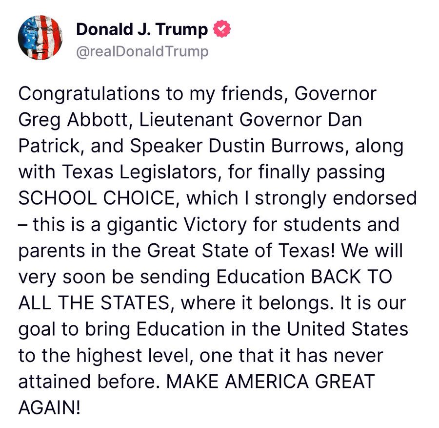 DanPatrick's tweet photo. Over the last 6 sessions as Lt. Governor, the Senate passed school choice 6 times, only to see it die in the House. Today, thanks to so many people, history was made, and Senate Bill 2, school choice, finally passed the Texas House. SB 2 will give parents the right they have always deserved, to choose the best education for their child. The bill prioritizes students with disabilities, and students from low-to-middle income families, but is universal for all families to apply. 

We have many great public schools in Texas, but we also have many that are just average, and some that are failing their students. This session, the Senate also passed the most public education funding in history. Texas teachers, who averaged a $54,000/year salary in 2019, will average nearly $69,000 after this legislative session. 

My goal is clear: I want school choice for parents and the best public school system in America. Competition is key to both goals. 

I thank Gov. @GregAbbott_TX, Speaker @Burrows4TX, Senate Education Chair @CreightonForTX, House Chair @BradBuckleyDVM, and my great education team of Marian Wallace and Chris Duke. 

Most importantly, I thank President @realDonaldTrump, who helped us defeat anti-school-choice Republican members last year, and for making school choice one of his major policy initiatives this year. President Trump went as far as to call Texas House members yesterday to rally the vote. 86 of 88 Republican members voted yes. This is a historic day for Texas and America. #txlege