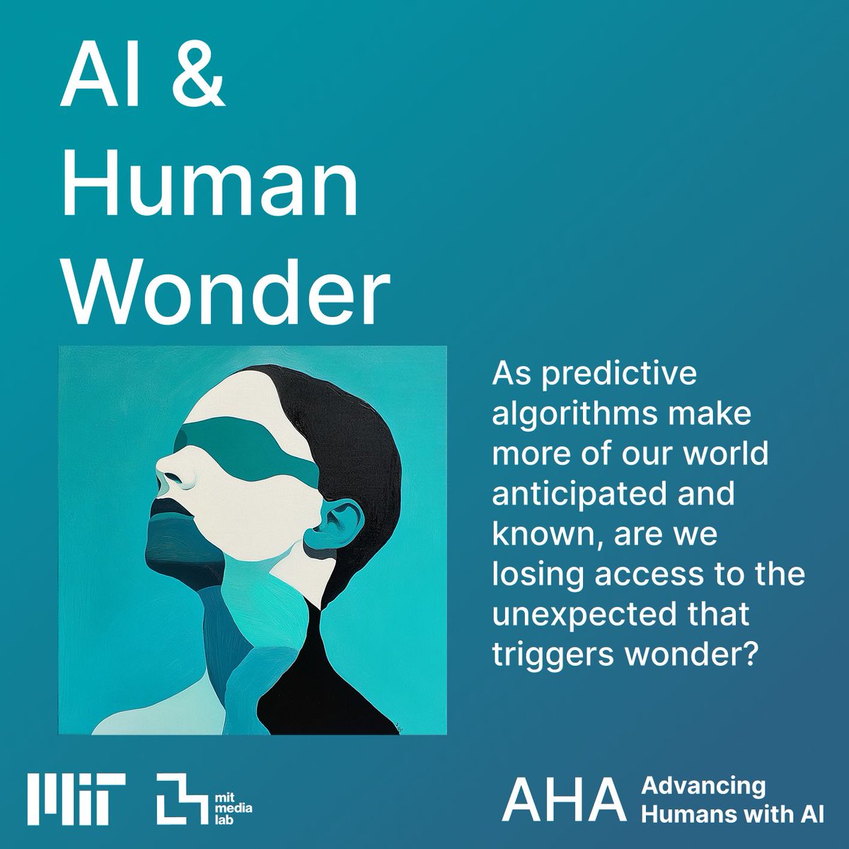 AHA_MediaLab's tweet photo. As predictive algorithms make more of our world anticipated and known, are we losing access to the unexpected that triggers wonder?
Connect with us at MIT Media Lab AHA as we continue to explore these topics! @mitmedialab #AHAMediaLab https://t.co/Fy7UTHHWs0
