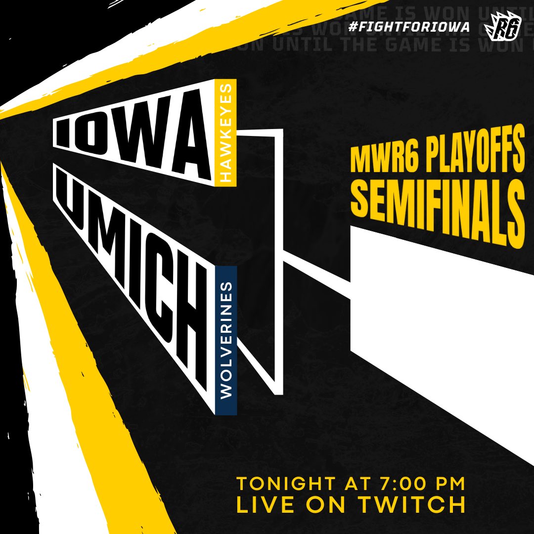 R6 at Iowa (@r6atiowa) on Twitter photo <a href="/EsportsNebraska/">Nebraska Esports</a> we will avenge you…
⚔️ MWR6 Semifinals
đź“… Tonight at 7:00 PM CST
đź”´ LIVE on Twitch
🆚 University of Michigan
#RainbowSixSiege #eSports #FightForIowa <a href="/EsportsNebraska/">Nebraska Esports</a> we will avenge you…
⚔️ MWR6 Semifinals
đź“… Tonight at 7:00 PM CST
đź”´ LIVE on Twitch
🆚 University of Michigan
#RainbowSixSiege #eSports #FightForIowa