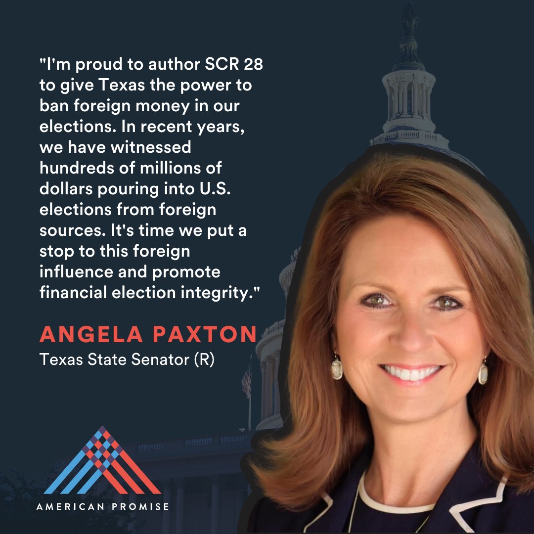 🚨ICYMI: Momentum is building in Texas! Senator Angela Paxton introduced SCR 28 to return power to Texans to ban foreign money in elections.

This is one step closer to making Texas the 24th state ready to ratify and protect our elections from foreign influence. <a href="/AngelaPaxtonTX/">Senator Angela Paxton</a>