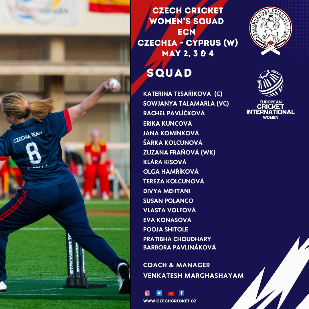 CzechCricket's tweet photo. Czechia Women's squad is set for a 5-match T20I series vs Cyprus Women in Prague organized by @EuropeanCricket.

May 2–4 | Vinor Cricket Ground
#CZEvCYP https://t.co/i7KZWZvJXX