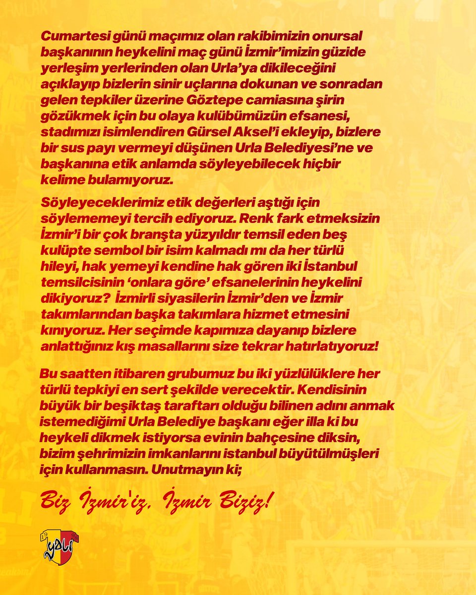 YALIDERNEGI's tweet photo. İzmirli siyasilerin İzmir’den ve İzmir takımlarından başka takımlara hizmet etmesini kınıyoruz.

#Göztepe #Yalı #Susuzdede https://t.co/IfcaZh4bmT
