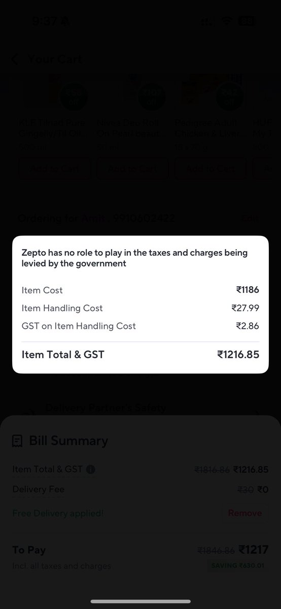 Amitkap2102's tweet photo. @zeptocares  Hi Team once side you show that you are giving delivery free and on other hand you charge handling charges. What is this handling charges for? and why such hidden charges. Don’t you think it is misleading the customer. https://t.co/5wr1MpIEht