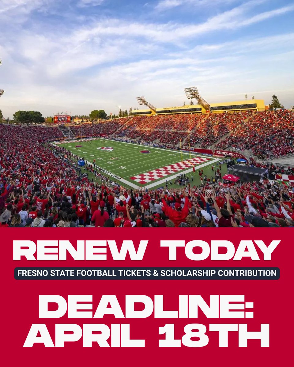 FresnoStateBDF's tweet photo. 🚨Attention Bulldog Foundation Members!🚨

The extended deadline to renew your @FresnoStateFB tickets is TOMORROW, APRIL 18TH‼️ Make sure to renew online at https://t.co/TYa9ZdwCu8 or give our office a call at 559.278.7160!

Don’t risk losing your seats; renew your tickets and scholarship contributions TODAY! #GoDogs 🐶🏈