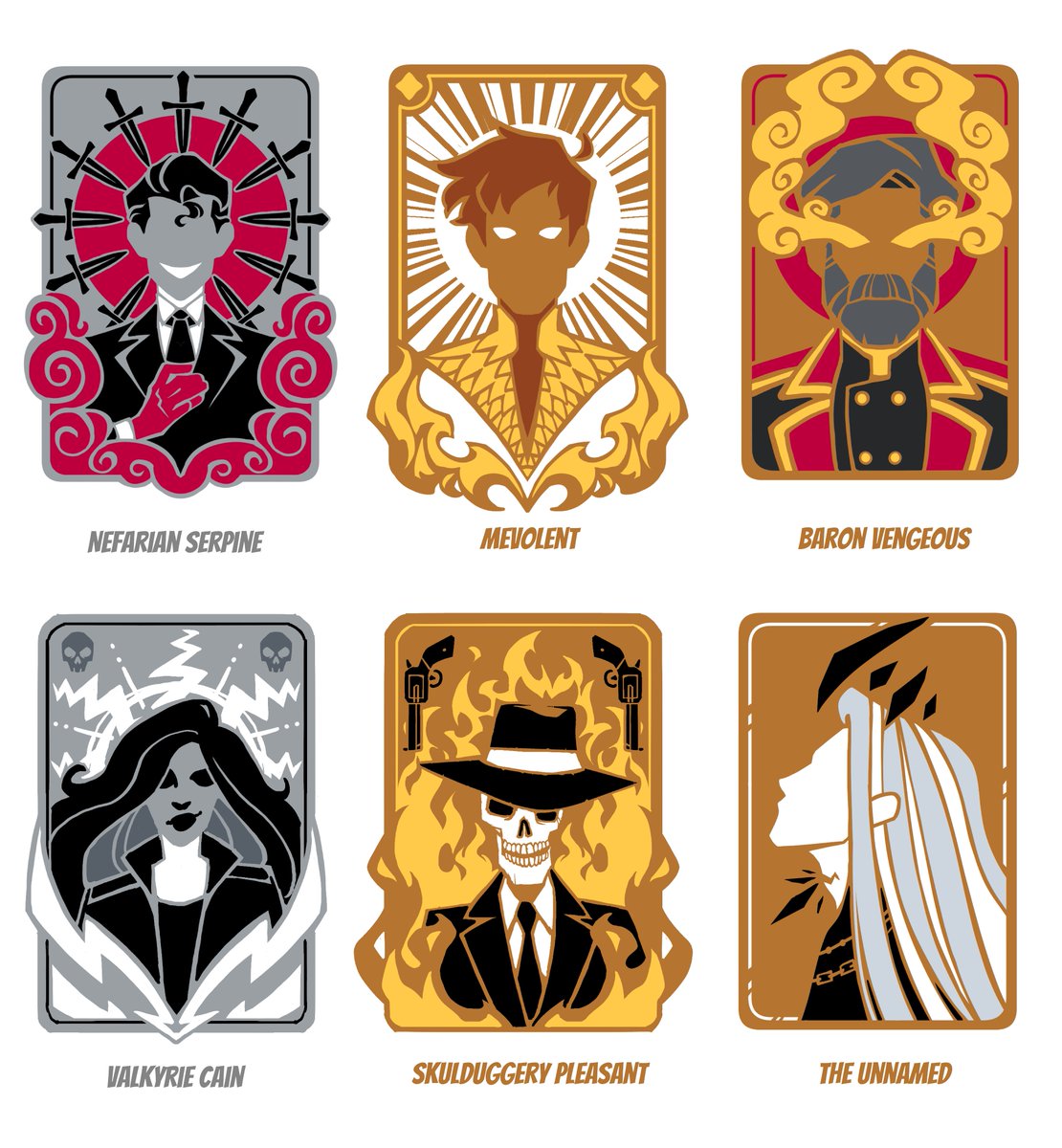 UmbralJxxrk's tweet photo. Mock Up concepts for SP enamel pins of my fav bois #NefarianSerpine, #Mevolent, #BaronVengeous and #TheUnnamedSP! π
#ValkyrieCain and #SkulduggeryPleasant are also there. But they are from last year or so. https://t.co/MUTjOYIUkD