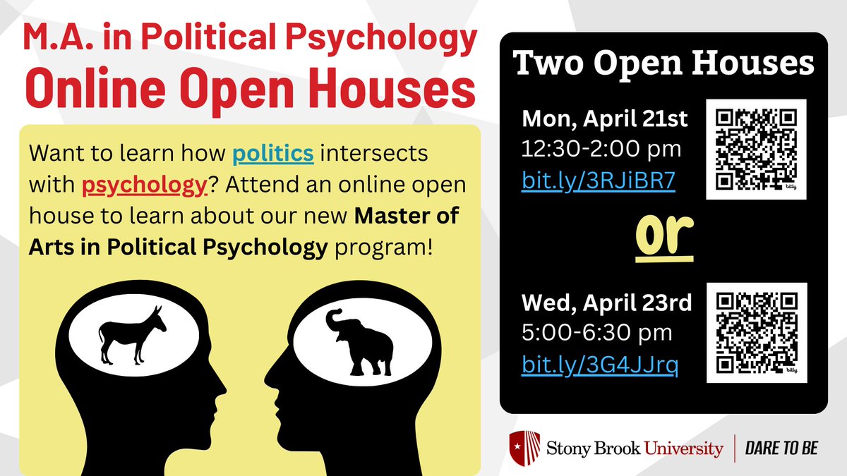 Interested in how politics intersects with psychology? Come to one of our open houses for our M.A. program! This is a fantastic opportunity to learn more about our program.
🗓️April 21, 12:30 PM EST–bit.ly/3RJiBR7
🗓️April 23, 5 PM EST–bit.ly/3G4JJrq