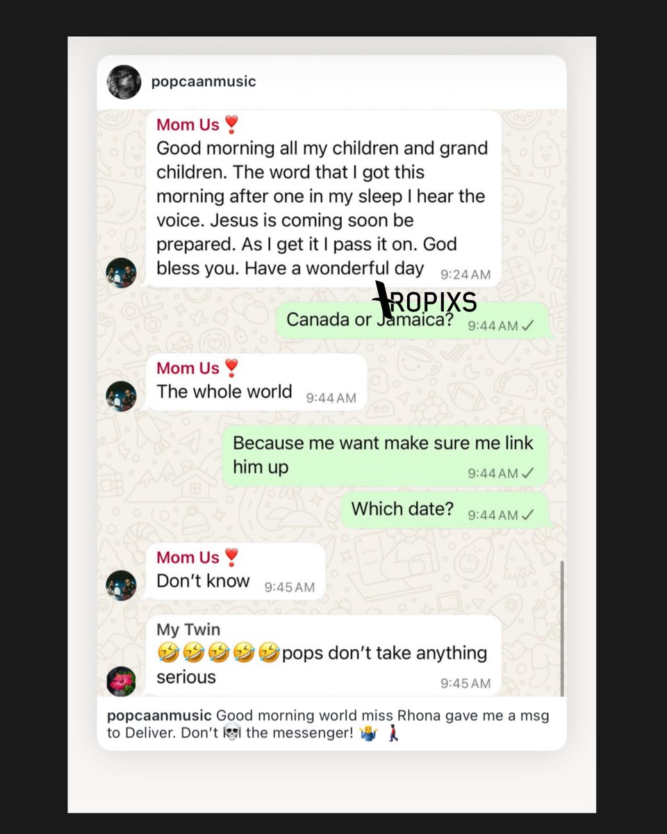 TheTropixs's tweet photo. In a heartfelt moment, Popcaan’s mother delivers a powerful message that resonates deeply: “Jesus is coming soon, be prepared.” However the Dancehall star couldn’t help but be himself 😩🤣 https://t.co/EqFeeRzhkY