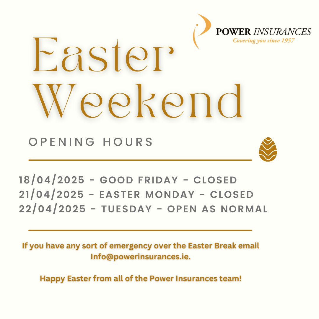 nonstndard's tweet photo. Happy Easter to all of our clients and Friends. We will be closed for a few days over the Easter holidays but available in the event of an emergency #EasterBreak #Openinghours #PowerInsurances https://t.co/bTvdjYI3Mi