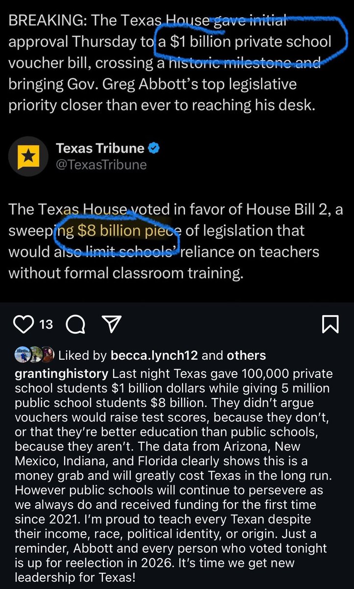 $1 billion for 100,000 private school kids. $8 billion for 5 million public school students. They denied a statewide vote on vouchers because they know they’re bad for everyone, especially conservative rural communities.