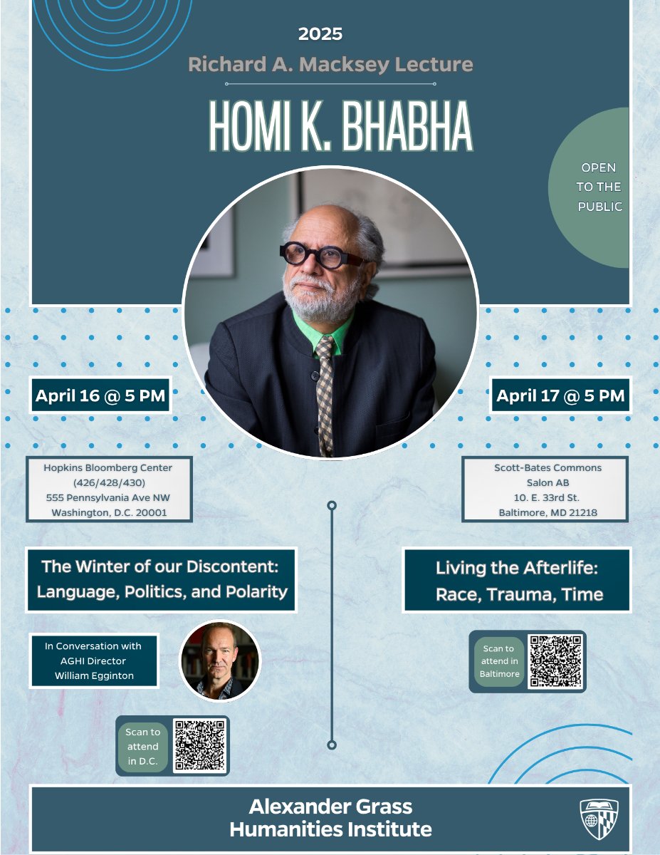 Gisela Heffes (@giselaheffes) on Twitter photo Dear friends, Homi Bhabha will deliver the Richard A. Macksey Lecture today on "Living the Afterlife: Race, Trauma, Time" at the Alexander Grass Humanities Institute of <a href="/JohnsHopkins/">Johns Hopkins University</a> University. Everyone is welcome to attend 👇 Dear friends, Homi Bhabha will deliver the Richard A. Macksey Lecture today on "Living the Afterlife: Race, Trauma, Time" at the Alexander Grass Humanities Institute of <a href="/JohnsHopkins/">Johns Hopkins University</a> University. Everyone is welcome to attend 👇