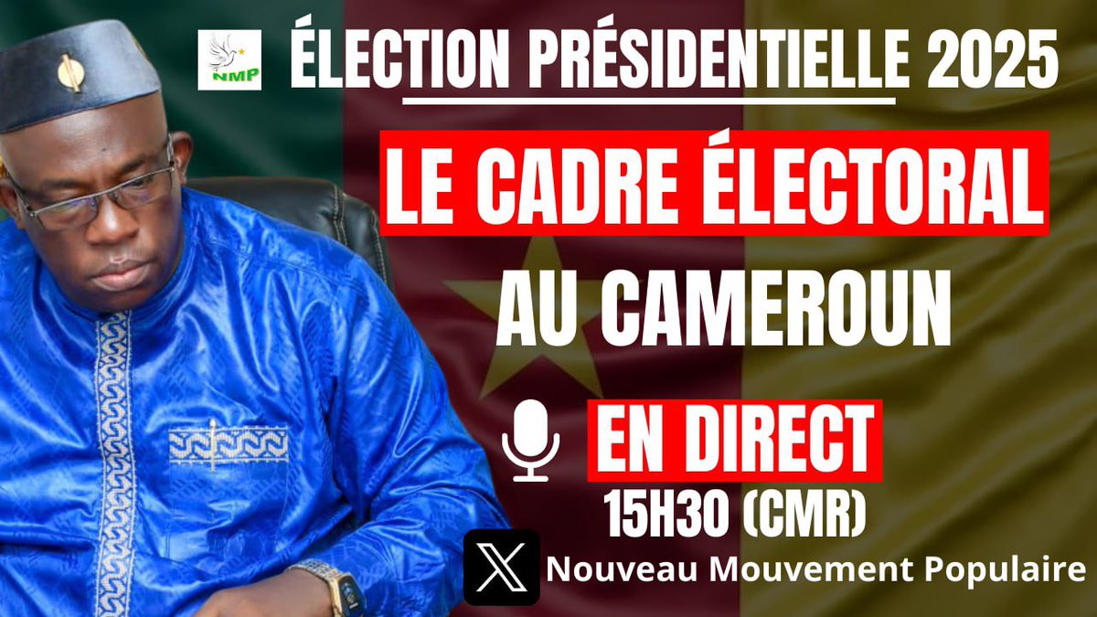 NMP_Certifie's tweet image. Cet après midi à partir de 15h30 sur notre compte X @NMP_Certifie , Retrouvez le président @Banda_Kani , président du nouveau mouvement populaire dans une sortie exclusive sur le cadre électoral camerounais. 
#cameroun
#codeelectoral
#panafricanism