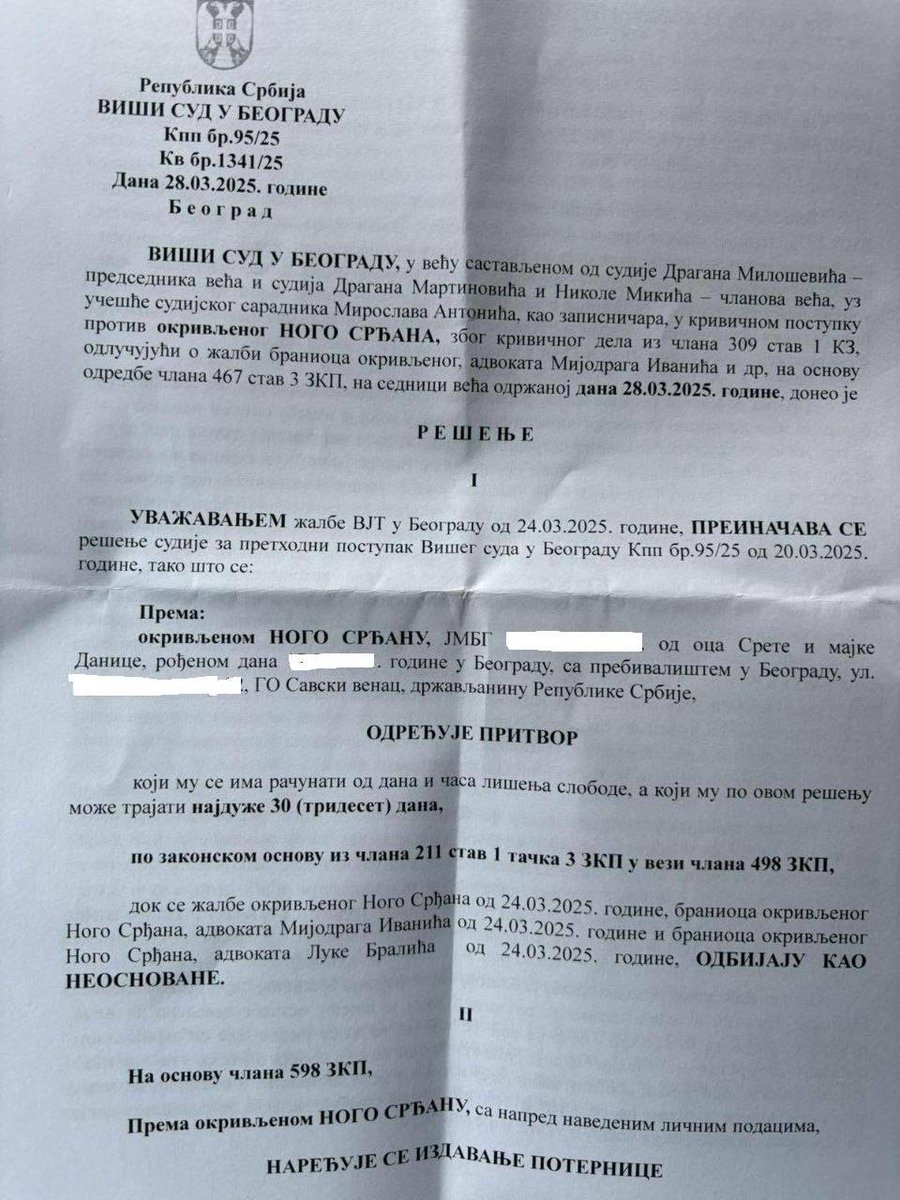 srdjan_nogo's tweet photo. Судија за претходни поступак Стојан Петровић, дана 20.03.2025. године ОДБИЈА предлог за одређивање притвора Срђану Ногу. https://t.co/p1zvM5qZje