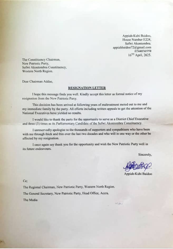 VNanakhay's tweet image. Former Sefwi Akontombra NPP Parliamentary Candidate Appiah-Kubi Baidoo resigns from the party, citing years of maltreatment and neglect.#Restwell #level100