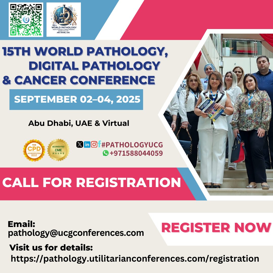 Gaur Priya (@epucgcongress) on Twitter photo Call for Registration! Register Early and save!
15th World Pathology, Digital Pathology & Cancer Conference taking place from Sep 2–4, 2025 in Abu Dhabi, UAE & Virtual
pathology.utilitarianconferences.com/registration
Pathology.universeconferences.com/virtual-regist…
#PathologyInnovation #Cancer #CancerAwareness #CancerResearch Call for Registration! Register Early and save!
15th World Pathology, Digital Pathology & Cancer Conference taking place from Sep 2–4, 2025 in Abu Dhabi, UAE & Virtual
pathology.utilitarianconferences.com/registration
Pathology.universeconferences.com/virtual-regist…
#PathologyInnovation #Cancer #CancerAwareness #CancerResearch