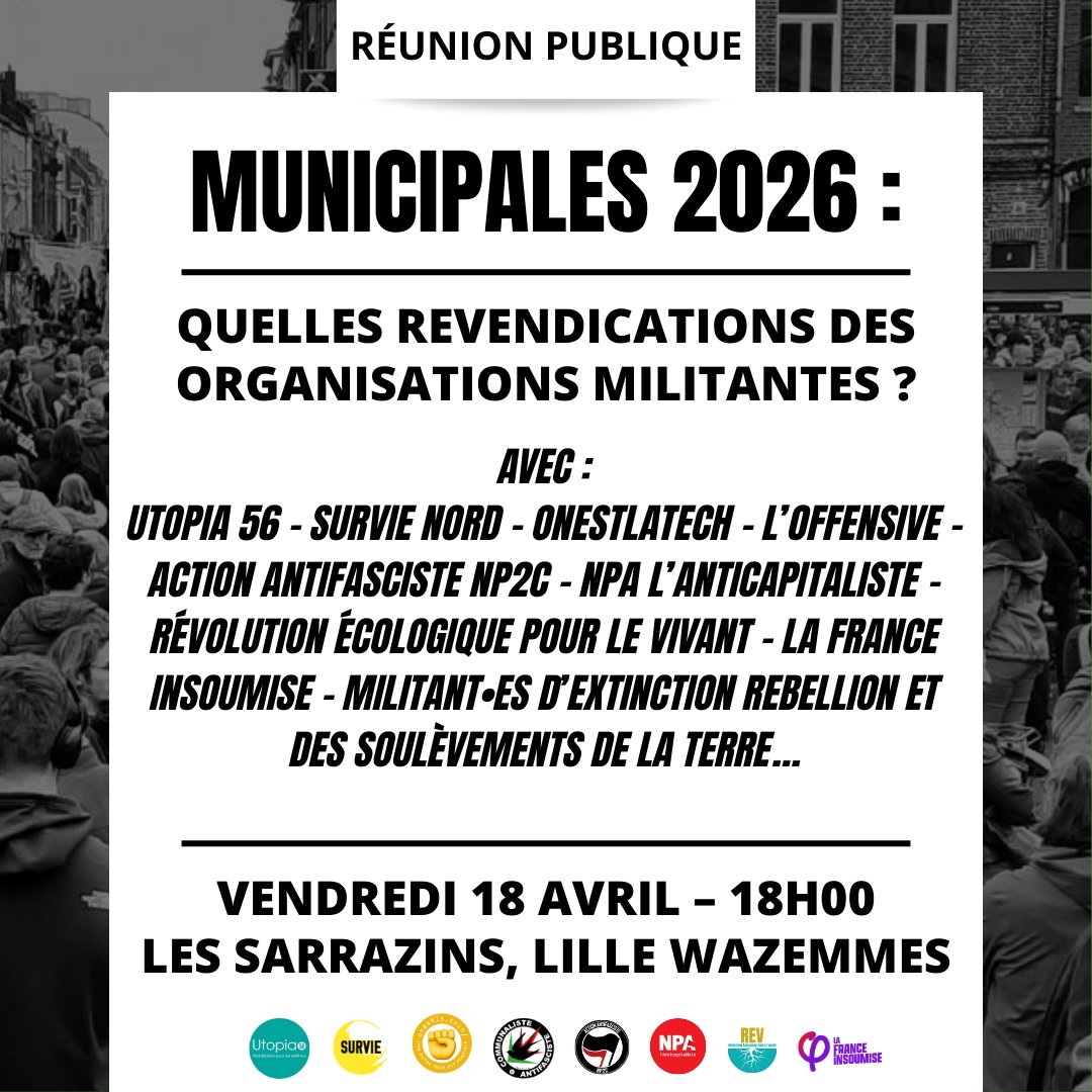 Le NPA-A Lille participe à la réunion publique ce vendredi à 18h aux Sarrazins pour discuter des #municipales avec les orgas qui en sont à l'initiative <a href="/OffensiveEco/">L'Offensive</a> <a href="/FI_Lille/">La France Insoumise - Lille</a> <a href="/SurvieNord/">Survie Nord</a> et les autres. Nous présenterons nos propositions et notre démarche Venez discuter avec nous