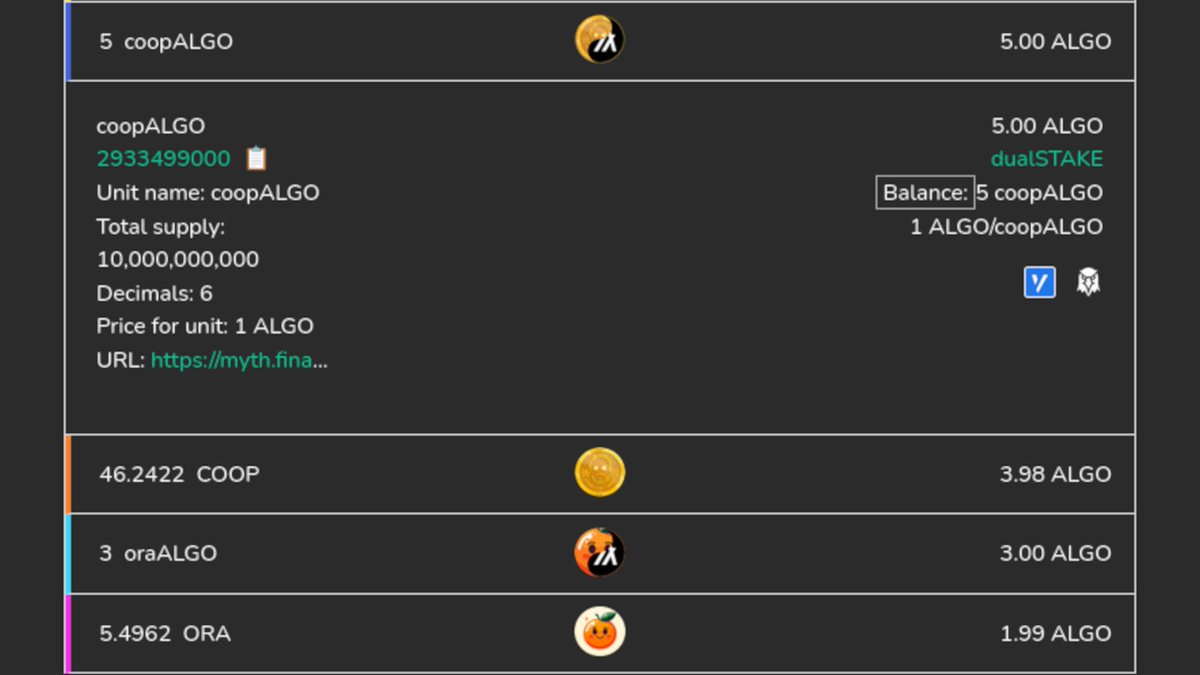 asastatscom's tweet image. dualSTAKE assets evaluation has been deployed. Track your @Myth_Finance assets in our app and CSV exports.
#stats #Algofam #DeFi #LiquidStaking