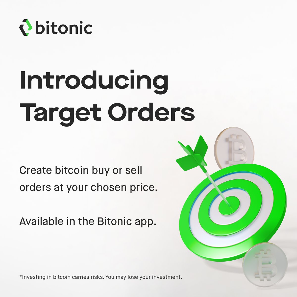 New feature: Target Orders!

Take control of your bitcoin trades. You can now create buy or sell orders at your chosen price.

Your order is set to execute when the bitcoin price reaches your target.

Target Orders are now available in the Bitonic app.

bitonic.nl/app