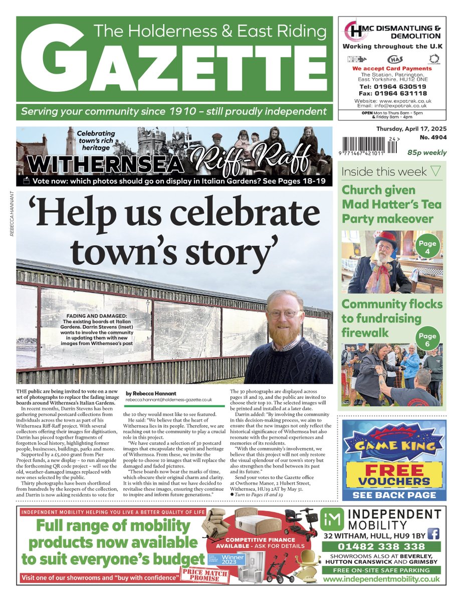 HoldernessNews's tweet photo. 📰 The latest edition is out now, packed with local news, views, community updates and events!
🛒 Available in local newsagents and in our user-friendly online edition, where a great-value annual subscription gives you access to back issues! 📲 https://t.co/BqgMTB51Js
📸 In the Holderness & East Riding edition – how YOU can vote for your favourite historical images to replace the weather-worn boards at Withernsea's Italian Gardens.
💷 And in the Hornsea edition, we lead with the partnership between St Nicholas Parish Hall and @HEYCreditUnion to offer residents access to award-winning, ethical financial services.
🎁 Plus – Reader Competition! WIN £25 to spend at one of our participating businesses
Also this week:
🤝 Volunteer groups share ideas at first annual Hornsea networking event
🎽 Hedon fundraiser Mike Humphreys completes the Paris Marathon in ski boots to raise money for @mndassoc
🔥🧱 @Rubens_Voice firewalk and Lego walk attracts hundreds
🐾 A new sculpture in Withernsea Memorial Gardens pays tribute to animals lost in conflict
👑 Withernsea Carnival crowns its new Royal Family during a Mad Hatter’s Tea Party
🏦 Withernsea's Banking Hub gets set to open in May
🚤 @hornsea_rescue founder Sue Hickson-Marsay MBE nominated for an @East_Riding Chairman's Award
🏃♂️ Danny Uscroft-Mould completes second of three marathons for @CRY_UK
💇 A Patrington schoolboy donates his long locks to @LPTrustUK
👣 Rev Ian Greenfield to continue his coast-to-coast tale at Food, Friendship and Fun
🎣 @BlueLightWsea receives £875 donation from Withernsea fishing club
🌼 This month's history column by Lucy of @HedonWalks looks back at May Day traditions in Holderness
☕️ @PoetDeanwilson6 scores some Hornsea Pottery for three quid!
📸 And @FilmerCraig's #BirdsEyeView image this week features the @Rubens_Voice firewalk day
🏉⚽️🏌️ Sport features news and reports from @hullkrofficial @hullfcofficial, @EasingtonUtd, Withernsea AFC, @AFC_Skirlaugh, Hornsea Harriers, @burstwickgolf, @HullCity with the @Hull_and_Back podcast, @SHCC1882 and @patringtoncc.
