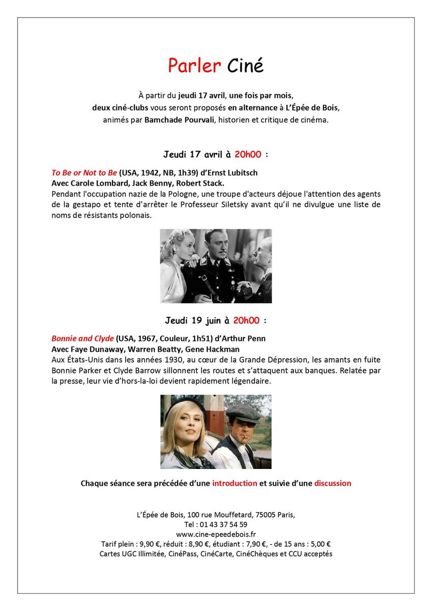 BPourvali's tweet photo. Ce jeudi 17 avril à 20h à l'Épée de Bois aura lieu la reprise du ciné-club "Parler ciné" avec la projection de "To Be or not to Be" (1942) d'Ernst Lubitsch présenté par Bamchade Pourvali.
À ce soir ! https://t.co/pOmoVUe4Ur