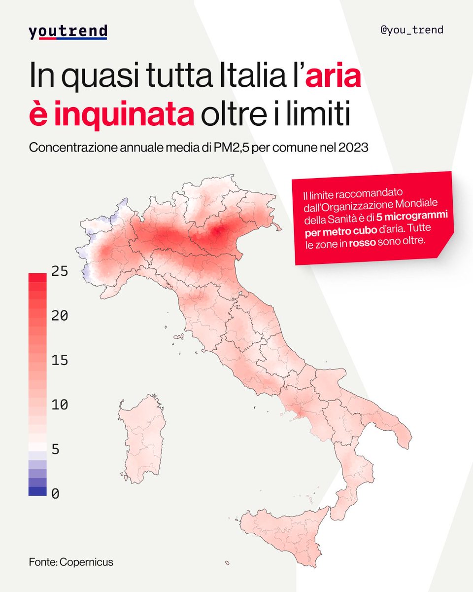L’aria che respiriamo in Italia è molto inquinata. Lo mostrano i dati del programma scientifico Copernicus, che permettono di analizzare la concentrazione di “particolato fine” PM2,5, ossia particelle atmosferiche di diametro inferiore a 2,5 micron.