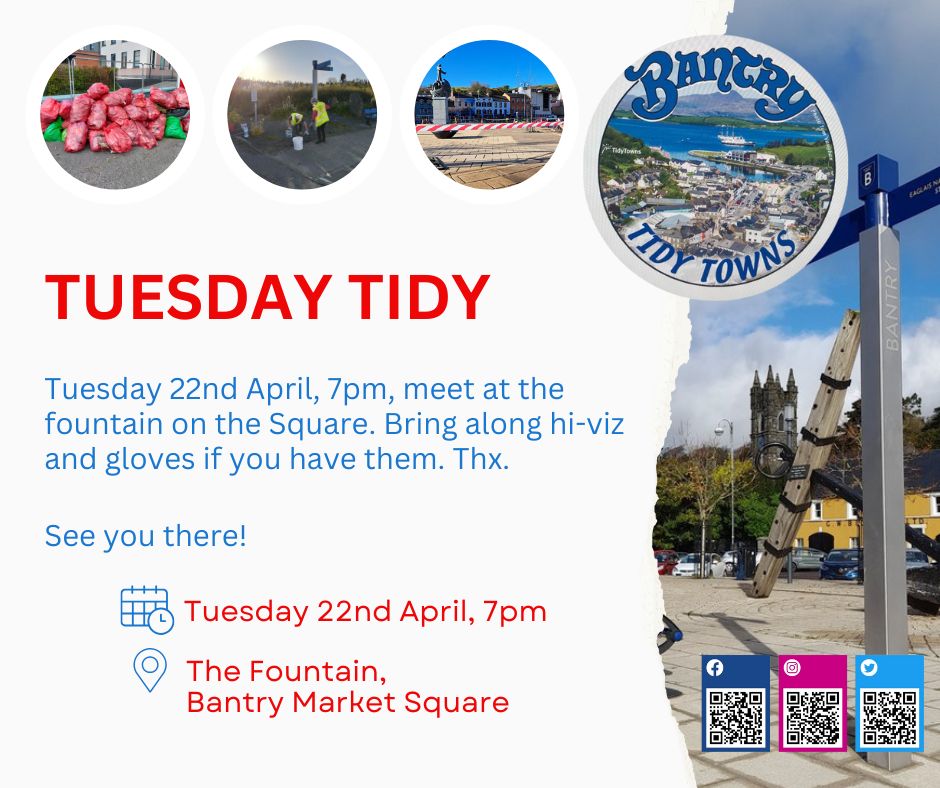 Meeting back at the fountain again this #TuesdayTidy, 22nd April, 7pm. We'll be doing the usual tidy and working on the lavender and rose bed, among other things. Looking forward to seeing you there!

#HerbPlanting #BantryMarketSquare #HappyEasterMonday