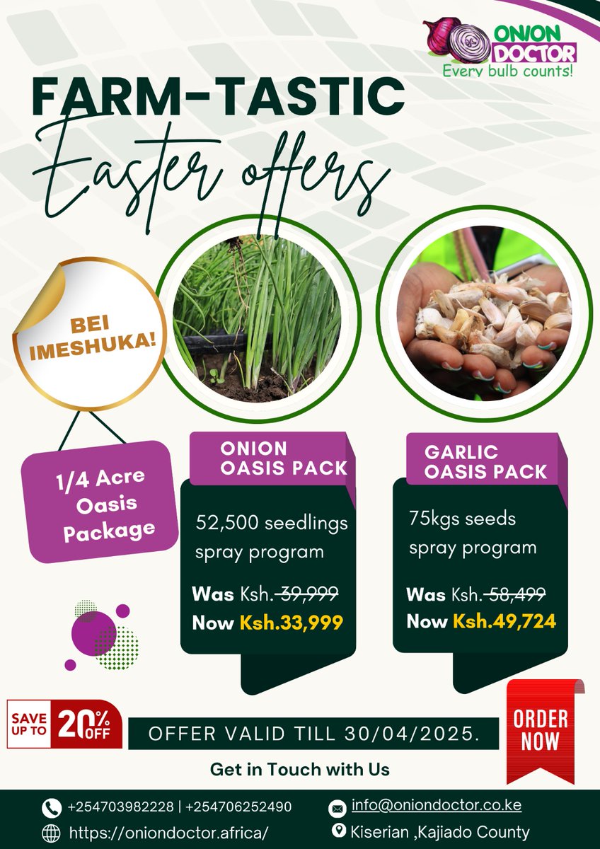 OnionDoctorKe's tweet photo. You’ve got land &amp; we’ve got THE agribusiness plan!

This Easter, unlock up to 20% OFF our proven 1/4 Acre Onion &amp; Garlic Oasis Packs!

The pack includes :-
* Premium seedlings
*Easy-to-follow crop guide
* Results in just 120 days!

For enquiries,click on https://t.co/8aiwRrjDFk https://t.co/r7AF57dRS7