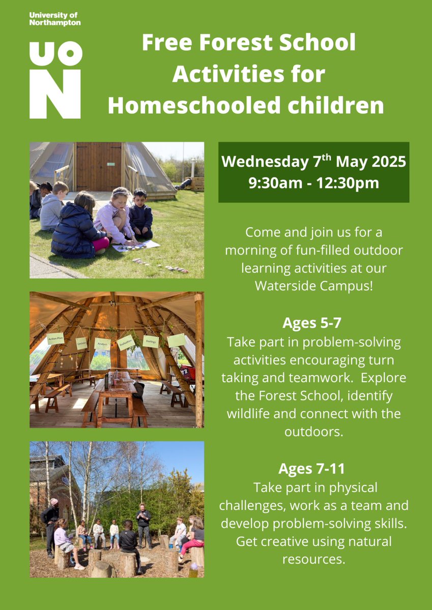 If you or someone you know #homeschools their children, we are offering free #outdoorlearning and #ForestSchool activities on Wed 7 May. For more info and to book a place...

📨forestschool@northampton.ac.uk

#HomeSchool #Education