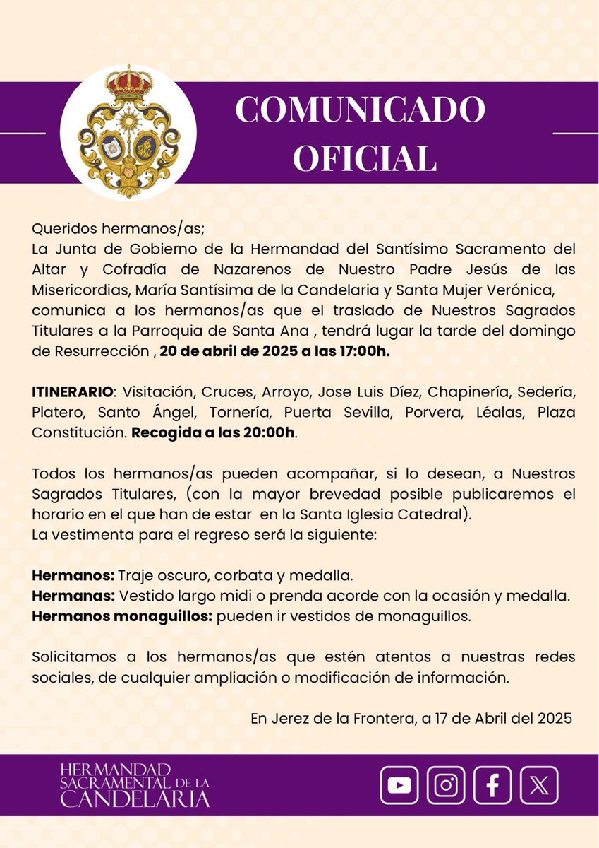 HdadCandelariaJ's tweet photo. COMUNICADO OFICIAL
Regreso de Nuestro Sagrados Titulares el próximo Domingo de Resurrección. https://t.co/Uw779hJwTP