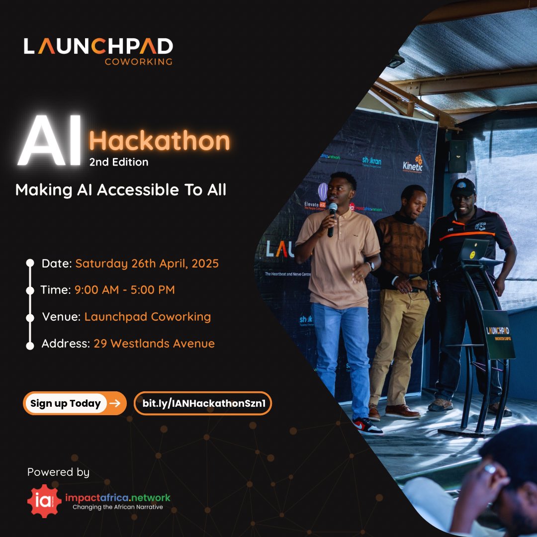 The future belongs to those who build it. 

Are YOU ready to democratize AI across Africa?

Join us for our 2nd AI Hackathon on April 26, 2025 – where Africa's brightest minds will transform industries through artificial intelligence. 

Register now: 
lu.ma/o6p4fjdo