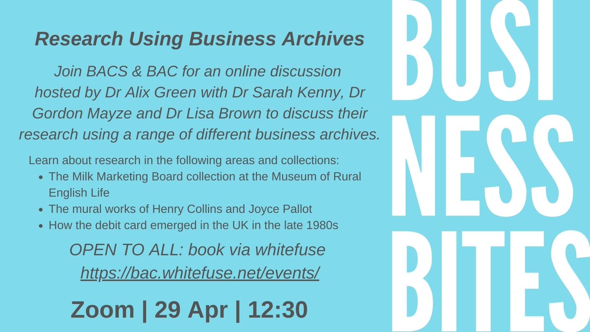BACS (@busarchscot) on Twitter photo Our second 'Business Bites' session for 2025 with
<a href="/_BusinessArch/">BAC</a> is on Tuesday 29th April.
Book here bac.whitefuse.net/events/busines… to join us to chat about research using business archives Our second 'Business Bites' session for 2025 with
<a href="/_BusinessArch/">BAC</a> is on Tuesday 29th April.
Book here bac.whitefuse.net/events/busines… to join us to chat about research using business archives