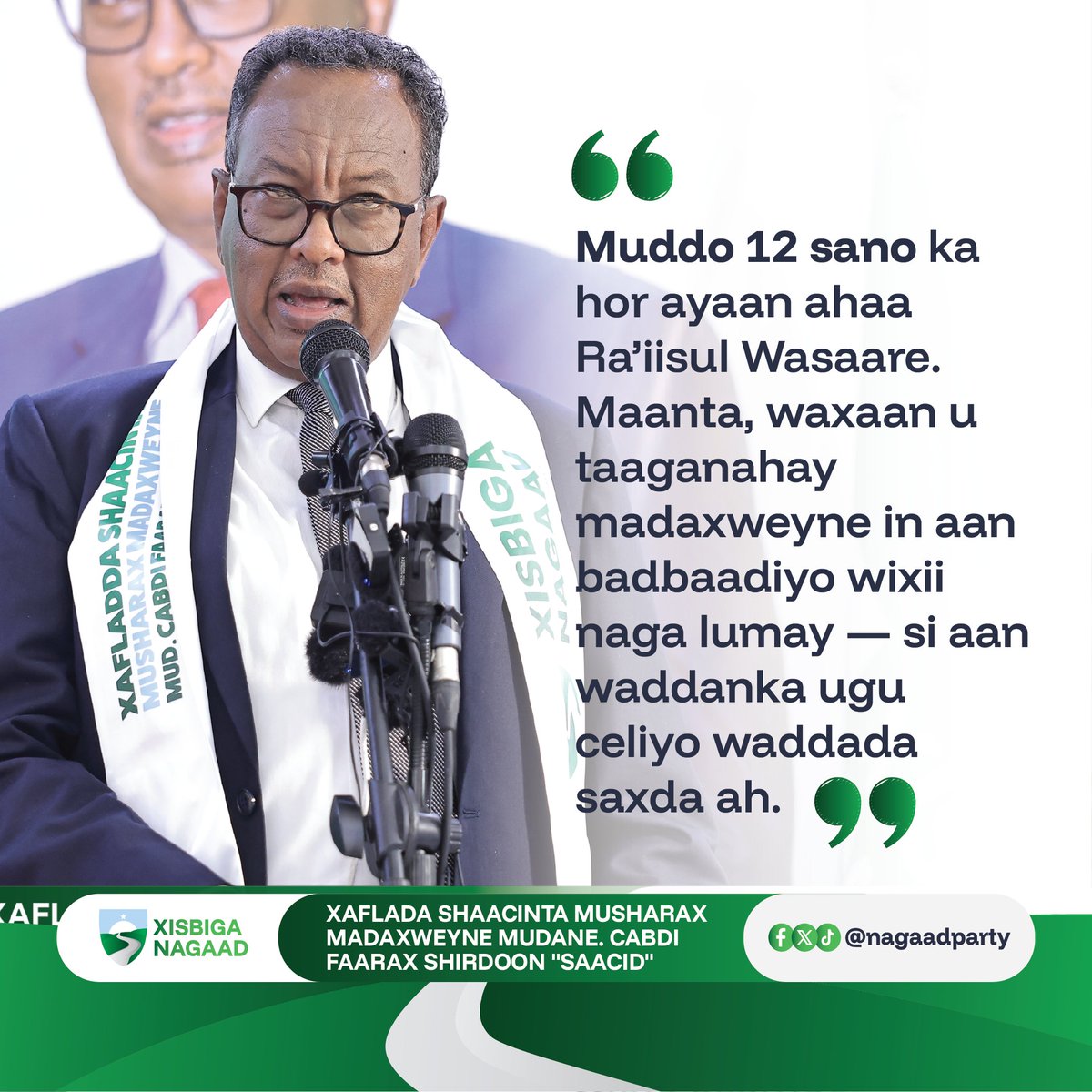 nagaadparty's tweet photo. Muddo 12 sano ka hor ayaan ahaa Ra’iisul Wasaare. Maanta, waxaan u taaganahay madaxweyne in aan badbaadiyo wixii naga lumay — si aan waddanka ugu celiyo waddada saxda ah. https://t.co/fYlxFZZhd6