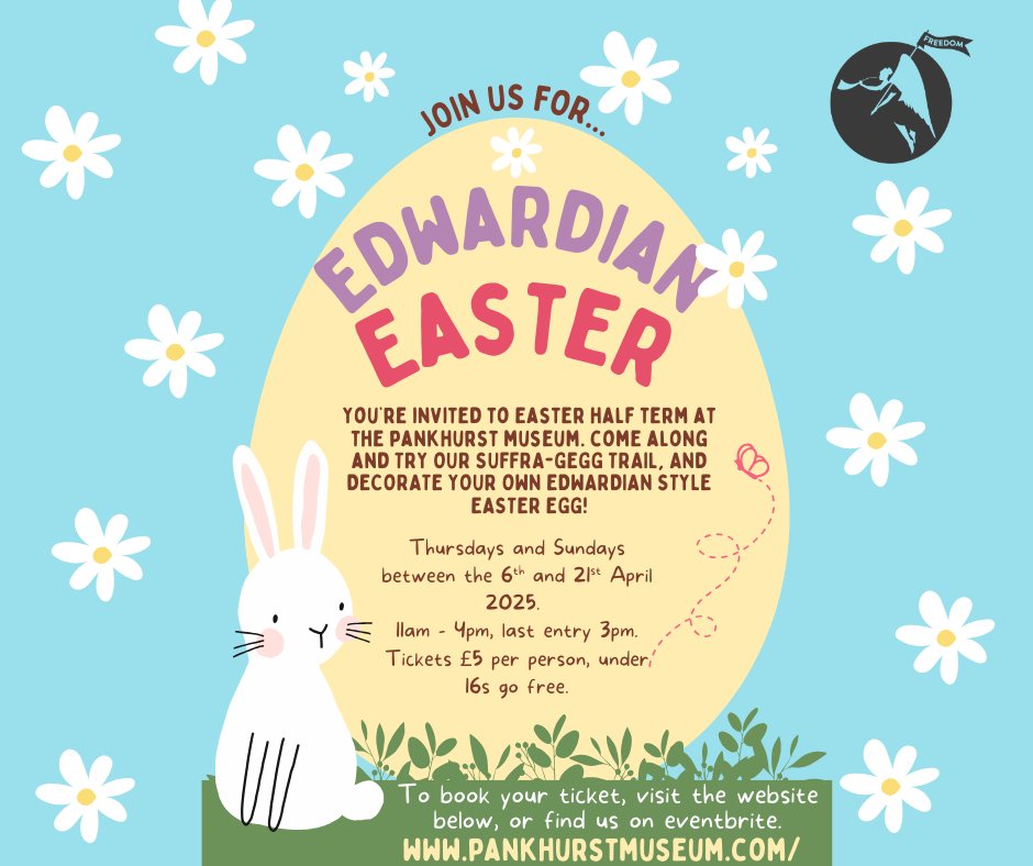 We are OPEN today, 11am to 4pm, and its the final day of our EGGcellent Easter activities. Come along and decorate an Edwardian Easter egg, try our Suffrag-egg trail, and learn all about the Pankhurst family and the suffragettes. Book your tickets now! eventbrite.co.uk/e/visit-the-pa…