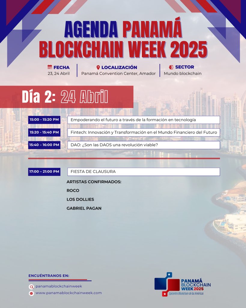 LatamBlockWeek's tweet photo. ¡Ya puedes organizar tu experiencia en #PBW25! 📲✨
🚀Consulta la AGENDA completa con horarios de charlas, paneles, workshops y mucho más: https://t.co/uqv0j7Omy1
Todo lo que necesitas saber para aprovechar al máximo la Panama Blockchain Week.
🗓️ 23-24 de abril
📍 Panamá Convention Center
#PanamaBlockchainWeek2025 #Blockchain #Web3 #Networking #algograndevienepbw2025 #Innovación #events