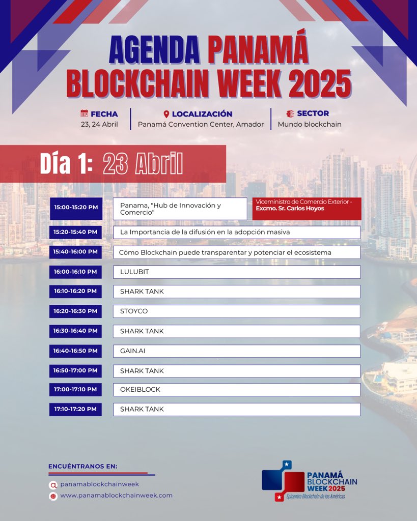 LatamBlockWeek's tweet photo. ¡Ya puedes organizar tu experiencia en #PBW25! 📲✨
🚀Consulta la AGENDA completa con horarios de charlas, paneles, workshops y mucho más: https://t.co/uqv0j7Omy1
Todo lo que necesitas saber para aprovechar al máximo la Panama Blockchain Week.
🗓️ 23-24 de abril
📍 Panamá Convention Center
#PanamaBlockchainWeek2025 #Blockchain #Web3 #Networking #algograndevienepbw2025 #Innovación #events