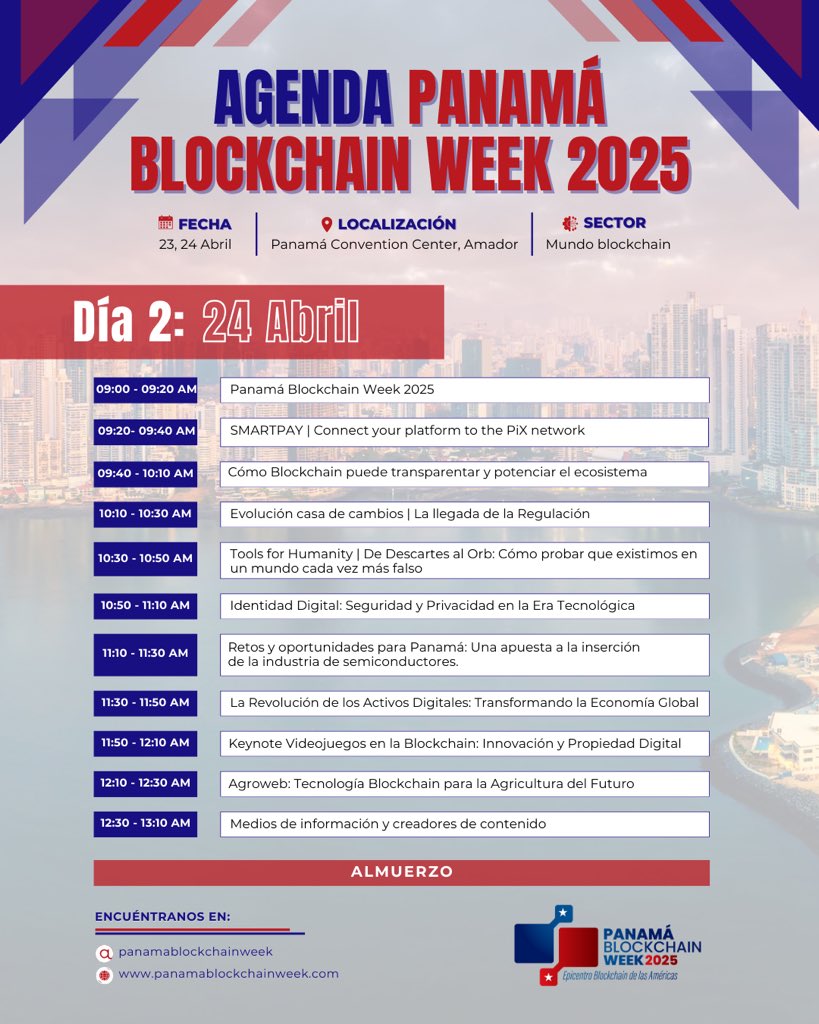 LatamBlockWeek's tweet photo. ¡Ya puedes organizar tu experiencia en #PBW25! 📲✨
🚀Consulta la AGENDA completa con horarios de charlas, paneles, workshops y mucho más: https://t.co/uqv0j7Omy1
Todo lo que necesitas saber para aprovechar al máximo la Panama Blockchain Week.
🗓️ 23-24 de abril
📍 Panamá Convention Center
#PanamaBlockchainWeek2025 #Blockchain #Web3 #Networking #algograndevienepbw2025 #Innovación #events