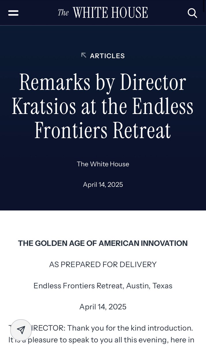 Josh Wolfe (@wolfejosh) on Twitter photo 1/ A quickš§µ on American talent and sci-tech diplomacy
Yesterday <a href="/mkratsios47/">Director Michael Kratsios</a> gave great speech at a gathering in Austin TX where Lux participated in Endless Frontiers (named for Vannevar Bush 1945 report)ā¦
His call for a new āGolden Ageā of innovation reminds us of Americaās 1/ A quickš§µ on American talent and sci-tech diplomacy
Yesterday <a href="/mkratsios47/">Director Michael Kratsios</a> gave great speech at a gathering in Austin TX where Lux participated in Endless Frontiers (named for Vannevar Bush 1945 report)ā¦
His call for a new āGolden Ageā of innovation reminds us of Americaās