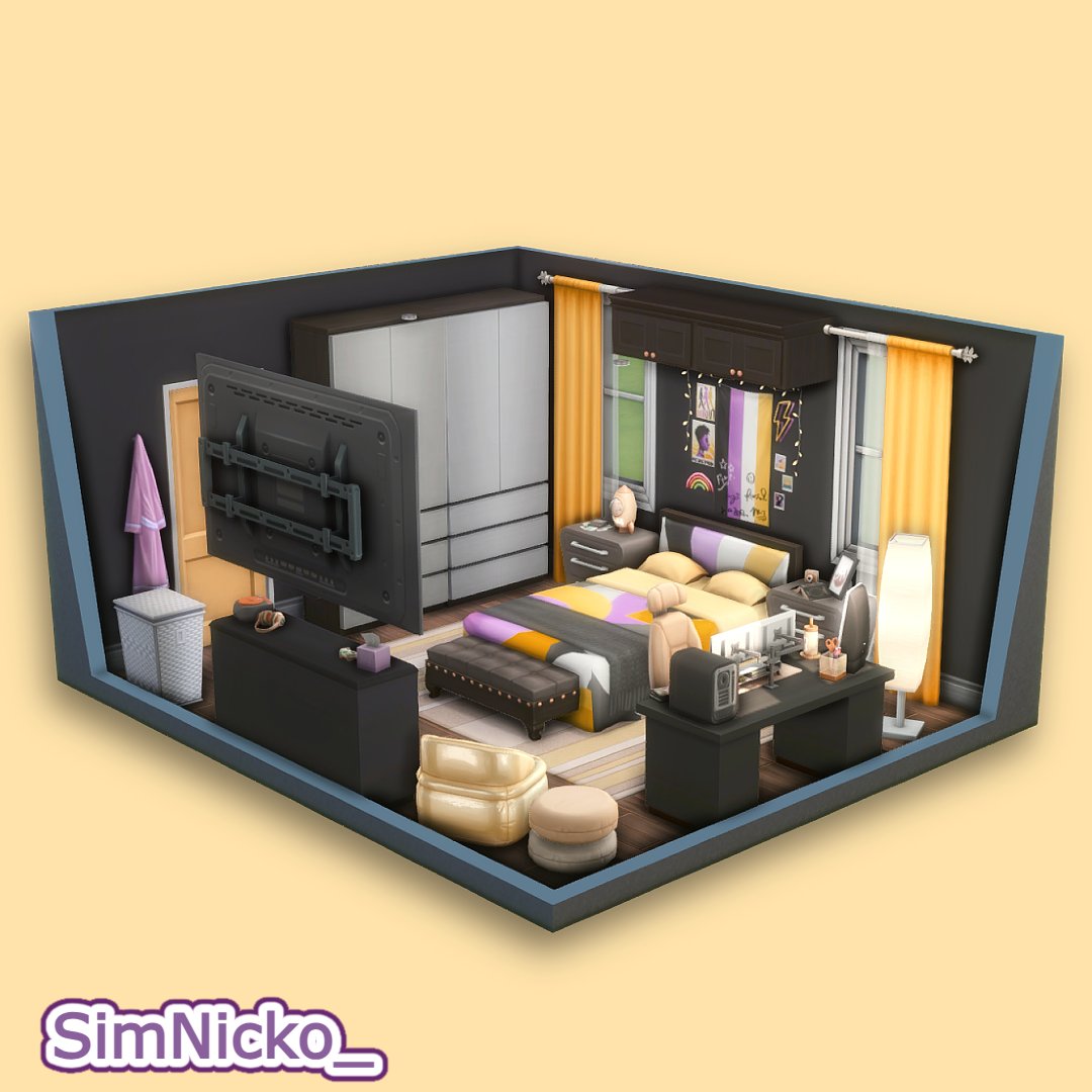 I decorated a cozy bedroom inspired by the #nonbinary pride flag in the #Sims4 #pride #simsbuild

Hope you like it! ^^