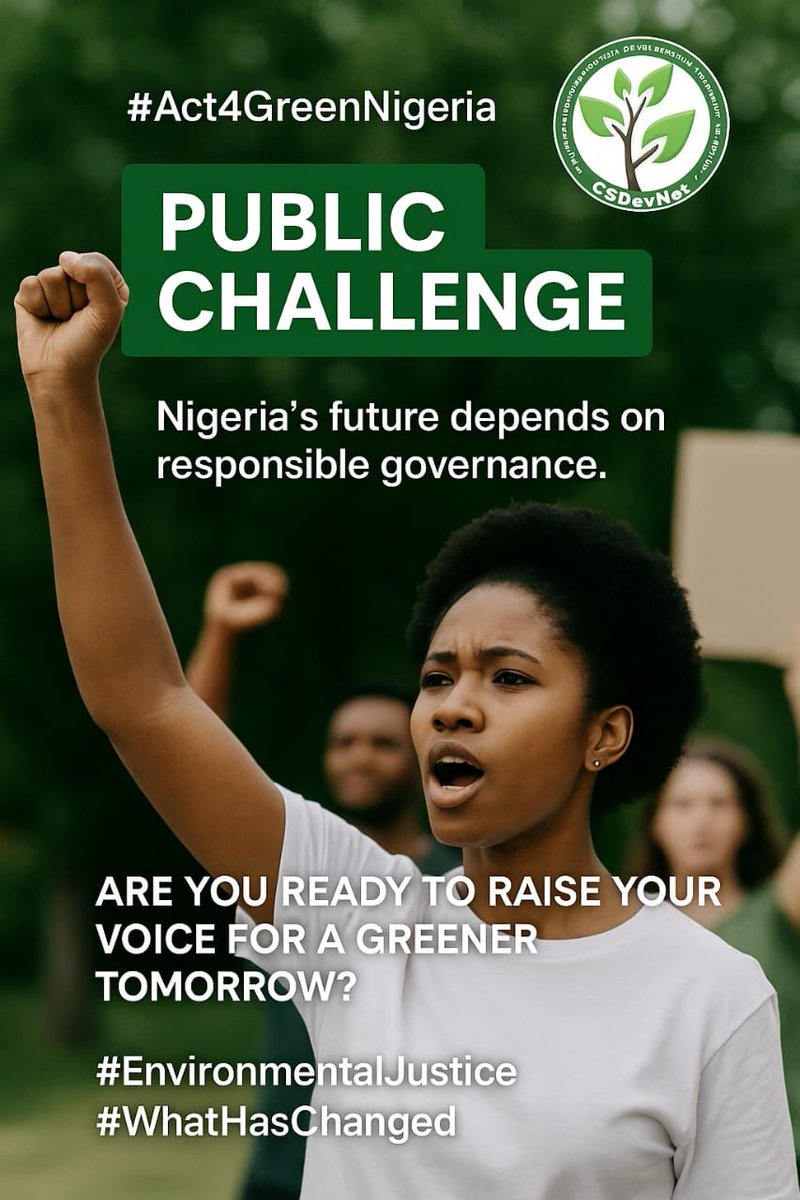 Tashi Manasseh (@manassehtashi) on Twitter photo Nigeria's future depends on responsible governance.
Are you ready to raise your voice for a greener tomorrow?
The time is now!
#Act4GreenNigeria
#WhatHasChanged
#EnvironmentalJustice
<a href="/aacjinaction/">African Activists for Climate Justice</a> <a href="/_pjgwumapan/">Paul Gwumapan Joseph</a> <a href="/acsea_54/">ACSEA</a> <a href="/CSDevNet1/">Climate & Sustainable Development Network</a> <a href="/NigeriaSenate/">The Nigerian Senate</a> <a href="/FMINONigeria/">Fed Min of Info & Nat’l Orien</a> <a href="/FMEnvng/">Environment Ministry</a> Nigeria's future depends on responsible governance.
Are you ready to raise your voice for a greener tomorrow?
The time is now!
#Act4GreenNigeria
#WhatHasChanged
#EnvironmentalJustice
<a href="/aacjinaction/">African Activists for Climate Justice</a> <a href="/_pjgwumapan/">Paul Gwumapan Joseph</a> <a href="/acsea_54/">ACSEA</a> <a href="/CSDevNet1/">Climate & Sustainable Development Network</a> <a href="/NigeriaSenate/">The Nigerian Senate</a> <a href="/FMINONigeria/">Fed Min of Info & Nat’l Orien</a> <a href="/FMEnvng/">Environment Ministry</a>