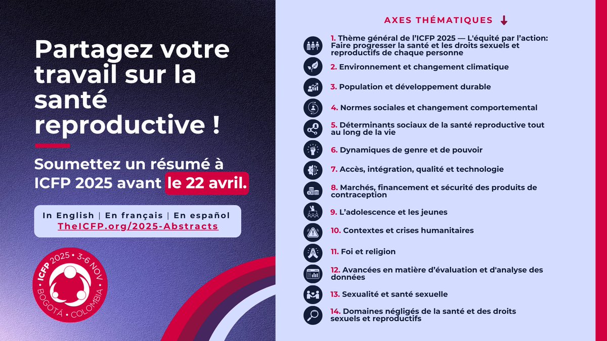 Suite à la demande générale, la date limite de soumission des résumés #ICFP2025 est prolongée jusqu’au 22 avril !

L’Afrique francophone doit être au rendez-vous à Bogota.

Infos &amp; soumission : theicfp.org/fr/2025-abstra…

#PF #SRPF #ICFP2025 #DSSR #PlanificationFamiliale