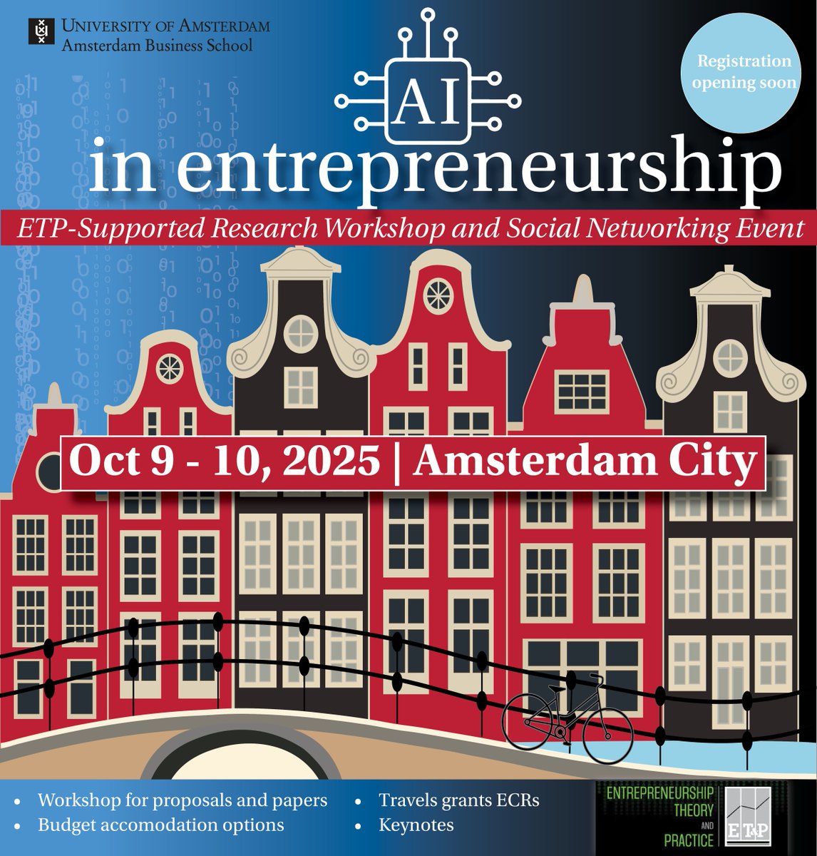 ETPjournal's tweet image. 🤖 Interested in AI and Entrepreneurship?
📅 Join our Research Workshop in Amsterdam for the ETP Special Issue on AI, October 9-10, 2025.
🔗 Check out our inaugural editorial: doi.org/10.1177/104225…
We look forward to your contributions!