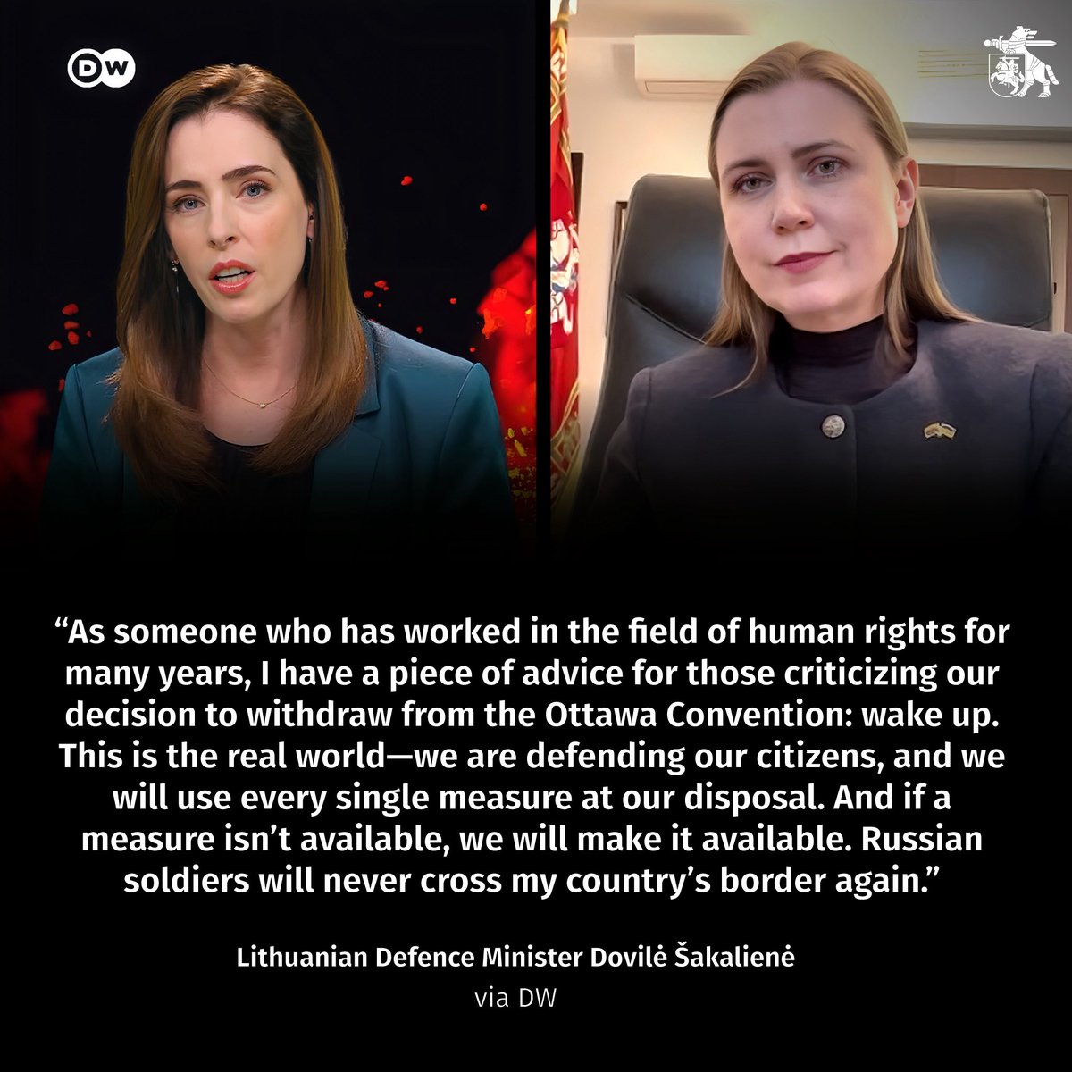 Lithuanian MOD 🇱🇹 (@lithuanian_mod) on Twitter photo In an interview with <a href="/DeutscheWelle/">DW Deutsche Welle</a>, 🇱🇹DefMin <a href="/DSakaliene/">Dovilė Šakalienė</a> explained our withdrawal from the Ottawa Convention, emphasising the necessity for comprehensive border security against Russia’s threat. Lithuania stays resolute and calls for unity among Allies. In an interview with <a href="/DeutscheWelle/">DW Deutsche Welle</a>, 🇱🇹DefMin <a href="/DSakaliene/">Dovilė Šakalienė</a> explained our withdrawal from the Ottawa Convention, emphasising the necessity for comprehensive border security against Russia’s threat. Lithuania stays resolute and calls for unity among Allies.